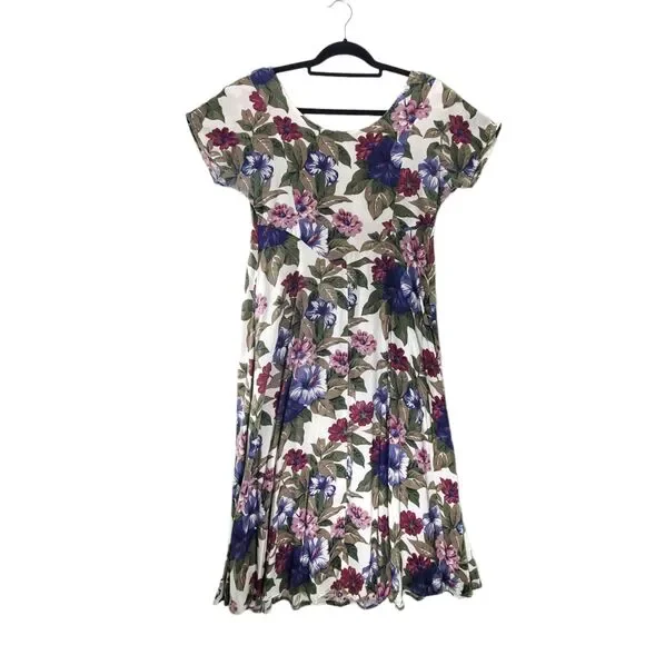 7/8 All That Jazz Midi Dress Plum Purple Floral Short Sleeve Vintage 80's 90's - Picture 2 of 14